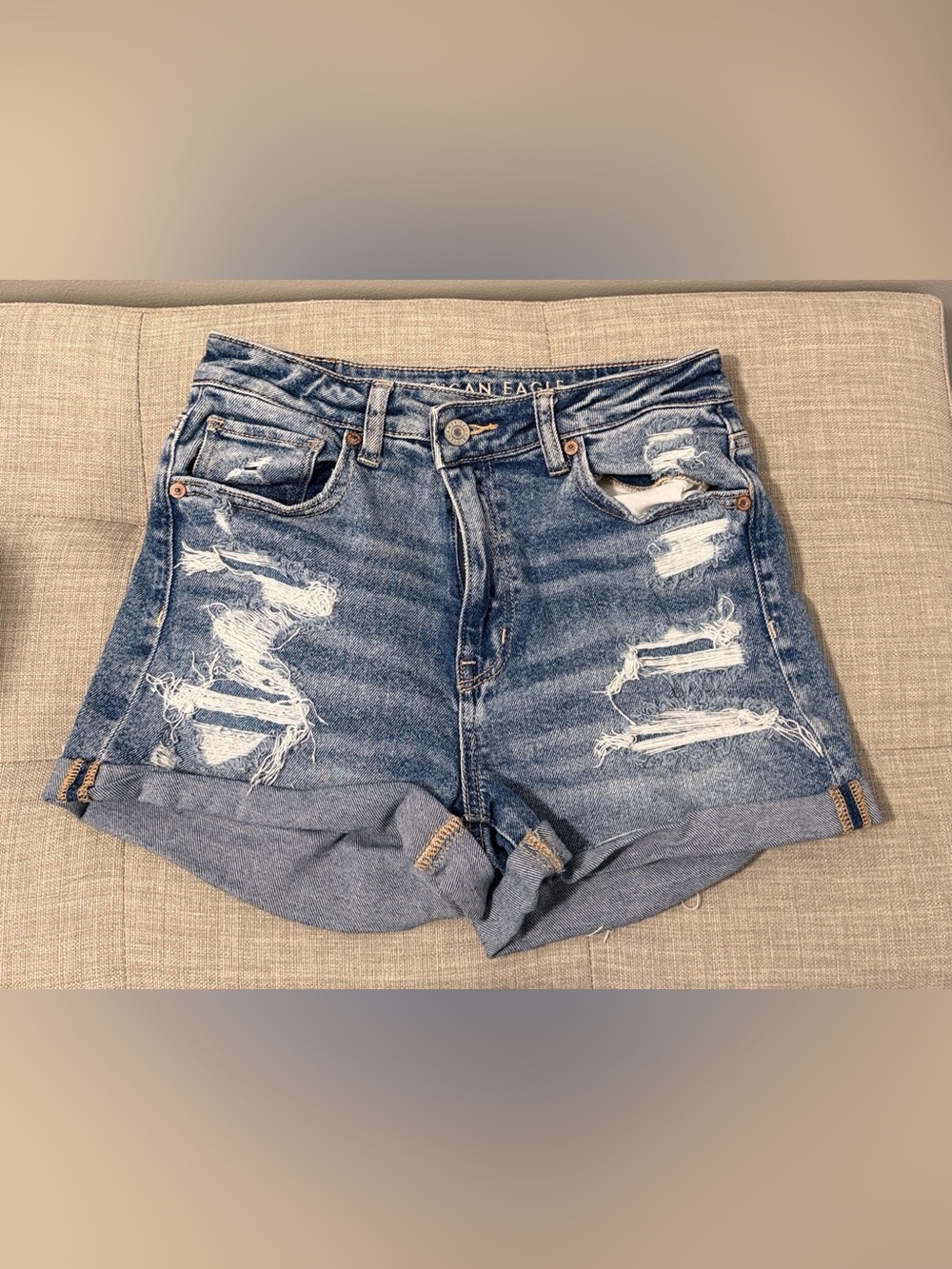 American Eagle Outfitters Distressed Rolled-Hem Denim Shorts - Blue